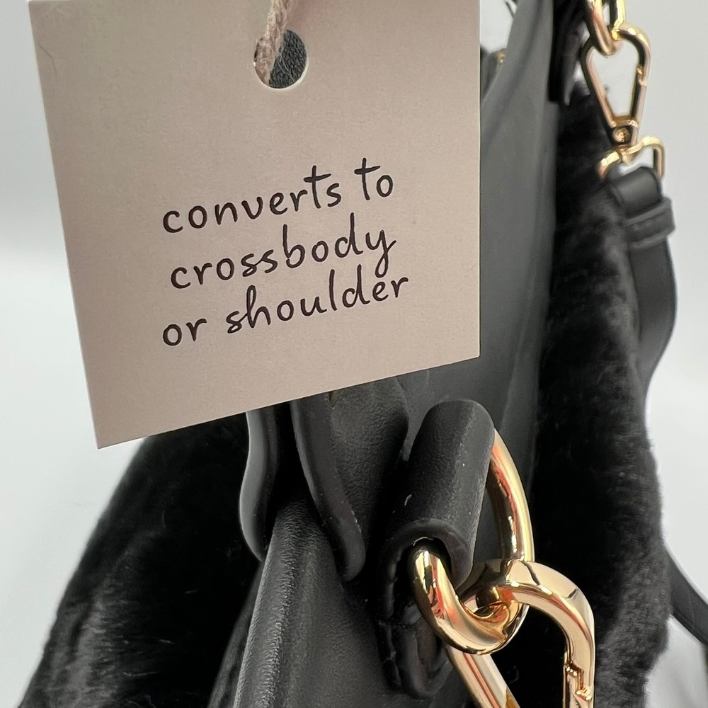 A New Day Faux Fur Satchel Women Medium Black Brand New Convertible Crossbody - Picture 7 of 8